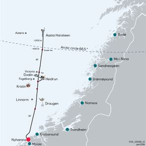 Polarled er en 482 kilometer lang rørledning for gass som går fra gassfeltet Aasta Hansteen utenfor Bodø, til gassanlegget Nyhamna på Aukra, ikke langt fra Molde. Inkludert oppgraderinger på Nyhamna, er prisen for Polarled anslått til cirka 24 milliarder kroner. To av feltene som skulle gjøre rørledningen lønnsom, Kristin og Linnorm, er inntil videre lagt på is. <i>Illustrasjon:  Equinor</i>