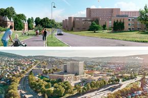 Planen for Oslo universitetssykehus er et samlet regionsykehus inkludert lokalsykehusfunksjoner på Gaustad (øverste illustrasjon), et lokalsykehus på Aker og et spesialisert kreftsykehus på Radiumhospitalet <i>Illustrasjon:  Helse Sør-Øst</i>
