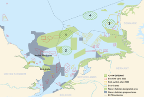 Konsortiet bak energiøya har pekt ut fire mulige plasseringer, hvorav én er i dansk territorium. <i>Illustrasjon:  North Sea Wind Power Hub</i>