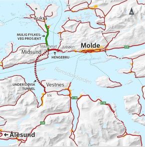 Kartskisse over området der E39 skal krysse Romsdalsfjorden. <i>Ill:  Statens vegvesen</i>