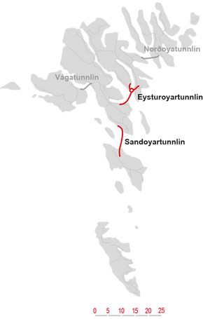 Færøyene er i ferd med å bli et tunnelrike. I tillegg til tunnelene på kartet, er det ønske om tunnel til Suðuroy, nederst på kartet.