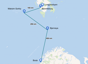 Kartet viser avstander i nautiske mil mellom hovedredningssentralen i Bodø og ut til Bjørnøya, det havarerte cruiseskipet «Maksim Gorkiy» og Barentsburg og Longyearbyen på Svalbard. <i>Illustrasjon:  Adrian Broch Jensen</i>