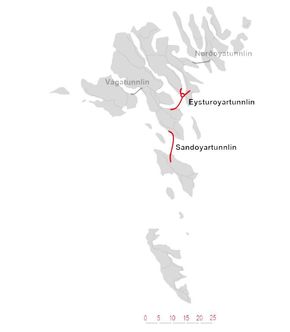 Sandoyar- og Eysturoytunnelene er avmerket med rødt. I tillegg til disse tunnelene, er det ønske om tunnel til Suðuroy, nederst på kartet. <i>Ill:  NCC</i>