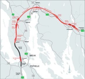 Prosjektet Langangen-Rugtvedt er en kontrakt men er delt i parsellene E18 Langangen-Lanner (med blant annet to bruer), E18 Lanner-Kjørholt (flere tunneler) og E18 Kjørholt-Rugtvedt (blant annet ny Grenlandsbru). <i>Illustrasjon:  Nye Veier</i>