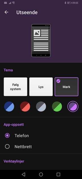 De nye innstillingene for fargetemaer i Opera for Android. <i>Skjermbilde: digi.no</i>