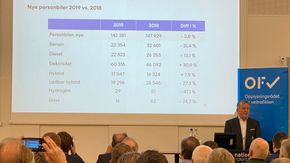 Øyvind Solberg Thorsen i Opplysningsrådet for veitrafikken presenterer tall for nybilsalget i 2019 sammenliknet med fjoråret. <i>Foto:  Eirik Helland Urke</i>