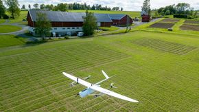 NIBIOs selvlagde hybriddrone tar av som et helikopter og flyr som et fly, og kan raskt kartlegge en hel gård. <i>Foto:  Maximilian Pircher</i>