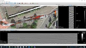 Radarbildene synes i utgangspunktet som feltet nederst og til høyre på bildet, men dataene prosesseres, og kan legges oppå kartbilder slik det er gjort øverst, der de røde feltene indikerer strukturer under bakken. <i>Foto:  Leica Geosystems</i>