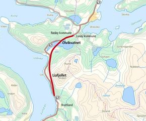 Utbyggingsstrekningen fylkesvei 17 Liafjellet-Olvikvatnet er merket med rødt. <i>Illustrasjon:  Statens vegvesen</i>