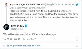 Tesla-gründeren mener selskapet vil kunne bidra med produksjon av respiratorer dersom det blir behov for det. <i>Skjermbilde: Twitter</i>