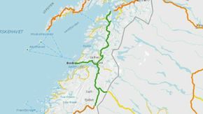 De grønne strekningene utgjør Salten-kontrakten. <i>Kart: Statens vegvesen</i>