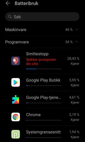 Mye tyder på at Smittestopp-appen, i alle fall Android-utgaven, ikke er optimalisert for å bruke minst mulig strøm. Målingen på bildet bør nok tas med minst en klype salt, da den ikke representerer noe mer enn et vilkårlig øyeblikksbilde. <i>Skjermbilde: digi.no</i>