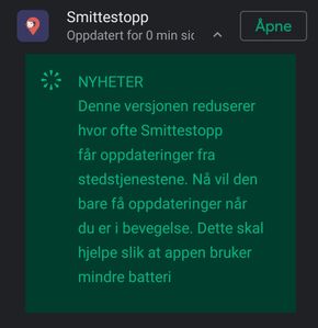 Nyheten i versjon 1.0.4 av Smittestopp-appen er redusert strømforbruk. <i>Skjermbilde: digi.no</i>