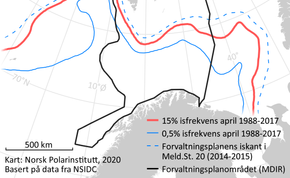 Regjeringen gikk for et kompromiss for definisjonen av iskanten, da de la frem forvaltningsplanen for nordområdene. Den går lenger sør enn grensen de foreslo i 2015, men fremdeles lenger nord enn de miljøfaglige rådene. <i>Foto: Polarinstituttet</i>