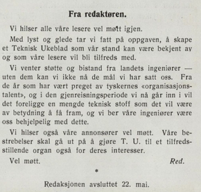 Helt til slutt i den første utgaven etter 2. verdenskrig, hilser redaktør Arne Solem leserne og annonsørene. <i>Faksimile:  Teknisk Ukeblad 1945</i>