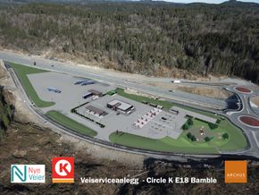 Illustrasjonav hvordan Bamble-anlegget blir sennede ut når det er ferdig. <i>Foto:  Nye Veier/Circle K Norge AS</i>