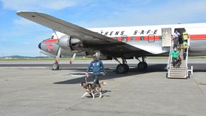 Det var selvsagt lederhunden K2 som var først ut av flyet sammen med Thomas Wærner. <i>Foto:  Helge Nyhus</i>