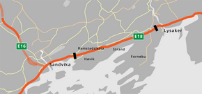 Første etappe, som diskuteres nå, er på ca. 4 km fra Lysaker i Oslo til Ramstadsletta i Bærum. En stor del av strekket skal legges under bakken, med ny lokal vei over bakken. <i>Illustrasjon:  Kjersti Magnussen/ Teknisk Ukeblad</i>