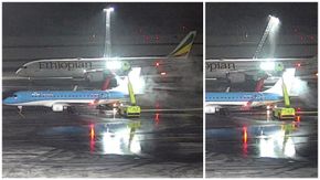 Bildet til venstre er fra samme sekund som B787-9-flyet kolliderer med lysmasta. På bildet til høyre ser man resultatet. <i>Foto:  Avinor/SHT</i>