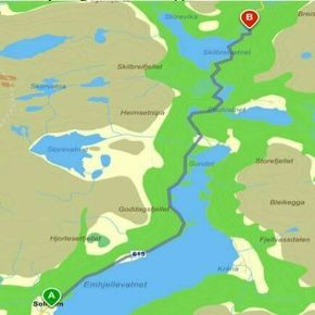 Kart over strekningen hvor utbedringene skal skje. Eimhjellevatnet ligger sørvest for Hyen. <i>Illustrasjon:  Vestland fylkeskommune</i>