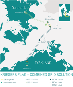 Ilandføringsanleggene fra de to havvindparkene er etablert, men nå har Energinet bygget en forbindelse mellom Kriegers Flak og Baltic 2 (den gule stiplede linjen), noe som gjør interconnectoren mulig. <i>Illustrasjon:  EnergiNet</i>