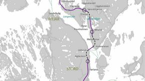 Brua over Langenuen vil få et spenn på 1200 meter, og binde sammen øyene Tysnesøy og Stord. <i>Ill:  Statens vegvesen</i>