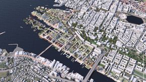 Bergen sentrum vil aldri bli det samme igjen (de hvite klossene illustrerer eksisterende bebyggelse). <i>Illustrasjon: Team Asplan Viak/Mad</i>