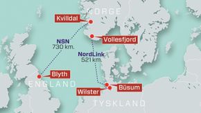 For tiden bygges to utenlandsforbindelser fra Norge. Én til England (North Sea Link) og en til Tyskland (Nordlink). Den nye kraftkabelen til Tyskland får en minimumsflyt på bare 11,7 prosent neste år. <i>Illustrasjon:  Kjersti Magnussen/TU</i>