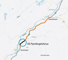 Kartet viser dagens E6 Fjerdingen-Grøndalselv (i oransje) og delparsellen E6 Fjerdingelvbrua. <i>Illustrasjon:  Statens vegvesen</i>