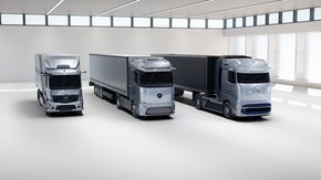 Fra venstre: Mercedes-Benz eActros, Mercedes-Benz eActros LongHaul og Mercedes-Benz GenH2 <i>Foto:  Daimler Trucks</i>