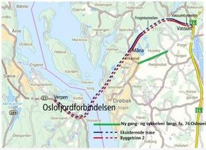 Kart over E134 på strekningen fra Vassum til Verpen. <i>Illustrasjon:  Statens vegvesen</i>
