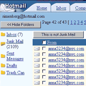 Hotmail-innboks med SPAM.