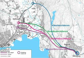De fire aktuelle korridorene som er utredet for strekningen fram til E18 i Lier. <i>Illustrasjon:  Statens vegvesen</i>