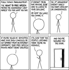 Mange misforstår hva ytringsfrihet handler om. Denne stripen forklarer det veldig enkelt. Ingen har rett til å få sine meninger publisert hos andre. <i>Illustrasjon:  xkcd (CC BY-NC 2.5)</i>