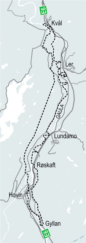 Det planlegges for ca. 17 km firefelts motorvei fra Gyllan til Kvål i Trøndelag. Kartet viser planavgrensningen. <i>Foto:  Nye Veier</i>