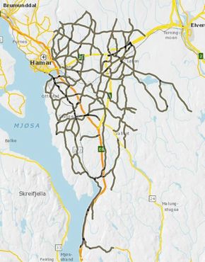 Kart over fylkesveiene som inngår i kontrakten for Søndre Hedemarken. <i>Skjermbilde:  Vegkart/Statens vegvesen</i>