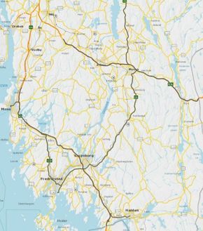 Riksveinettet i gamle Østfold og som inngår i kontrakten. <i>Illustrasjon:  Rambøll/Statens vegvesen</i>