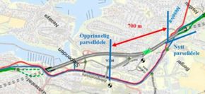 Endring av etappedelet fra Slependen til Nesbru; Ramper til/fra E18 i dagens kryss med Nesøyaveien fjernes og det bygges et nytt kryss med lokalveien vest for IKEA. Grønne veier viser hovedsamlevei og ramper, røde veier viser hovedsykkelvei og blå veier viser bussløsning. <i>Illustrasjon:  Statens vegvesen</i>