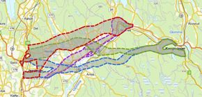 De fire korridorene som prosjektet har arbeidet med: A (rød farge), B (grønn), C (blå) og F (fiolett). <i>Illustrasjon:  Nye Veier</i>