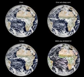 Finere oppløsning: Øverst til venstre ser vi værsystemene på jorden beregnet ut fra en inndeling i 9 km ruter. Med 1,4 km ruter under samsvarer beregningen mye bedre i forhold til «fasiten» som er fotografert fra en meteorologisk . atel: tt. <i>Foto:  ECMWF</i>