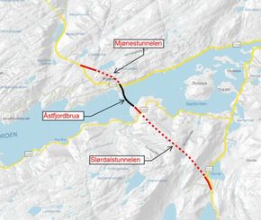 Åstfjordkryssinga: To tunneler og ei temmelig høy bru. <i>Illustrasjon:  Trøndelag fylkeskommune</i>