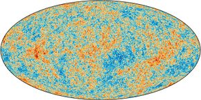 Ved å kartlegge den kosmiske bakgrunns-strålingen kan astrofysikerne få et bilde av hvordan universet så ut 380 000 år etter Big Bang. Kartet viser de bittesmå temperaturforskjellene i universet den gangen. Astrofysikerne skal nå måle temperaturforskjellene enda mer nøyaktig. Det vil da være mulig å se gravitasjonsbølgene fra inflasjonen, den første brøkdelen av et sekund etter Big Bang. <i>Foto:  Apollon</i>