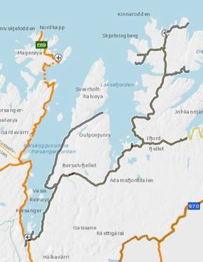 De berørte fylkesveiene fra Lakselv og nordøstover. <i>Illustrasjon:  Troms og Finnmark fylkeskommune</i>