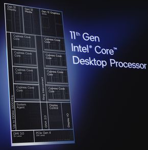 Skisse over oppbygningen av Intels 11. generasjons Core-prosessorer for stasjonære PC-er, basert på mikroarkitekturen «Cypress Cove». <i>Foto:  Intel Corporation</i>