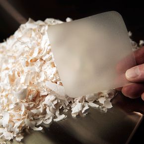 Tørket eggeskallmembran – og prototypen på et plaster som kan helbrede kroniske sår. <i>Bilde:  Sverre Chr. Jarild</i>