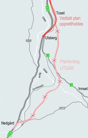 Nye Veier går tilbake til opprinnelig veilinje på Ulsberg. Utredningsarbeid viser at det blir for kostbart å bygge veien fra Nedgård til Toset. <i>Illustrasjon:  Nye Veier</i>