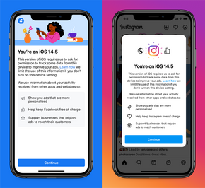 Informasjon som Facebook- og Instagram-appene nå viser IOS-brukere i forbindelse med nye personvernvalg i operativsystemet. <i>Illustrasjonsfoto:  Facebook</i>