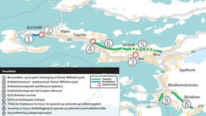 Kart over utbyggingsområdet med aktuelle prosjekter. <i>Illustrasjon:  Statens vegvesen</i>