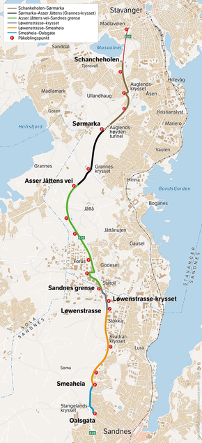 Kart over sykkelstamveien Stavanger-Sandnes. <i>Illustrasjon:  Statens vegvesen</i>