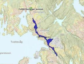 Kart over strekningen Lavik-Haugland. <i>Illustrasjon:  Vestland fylkeskommune</i>